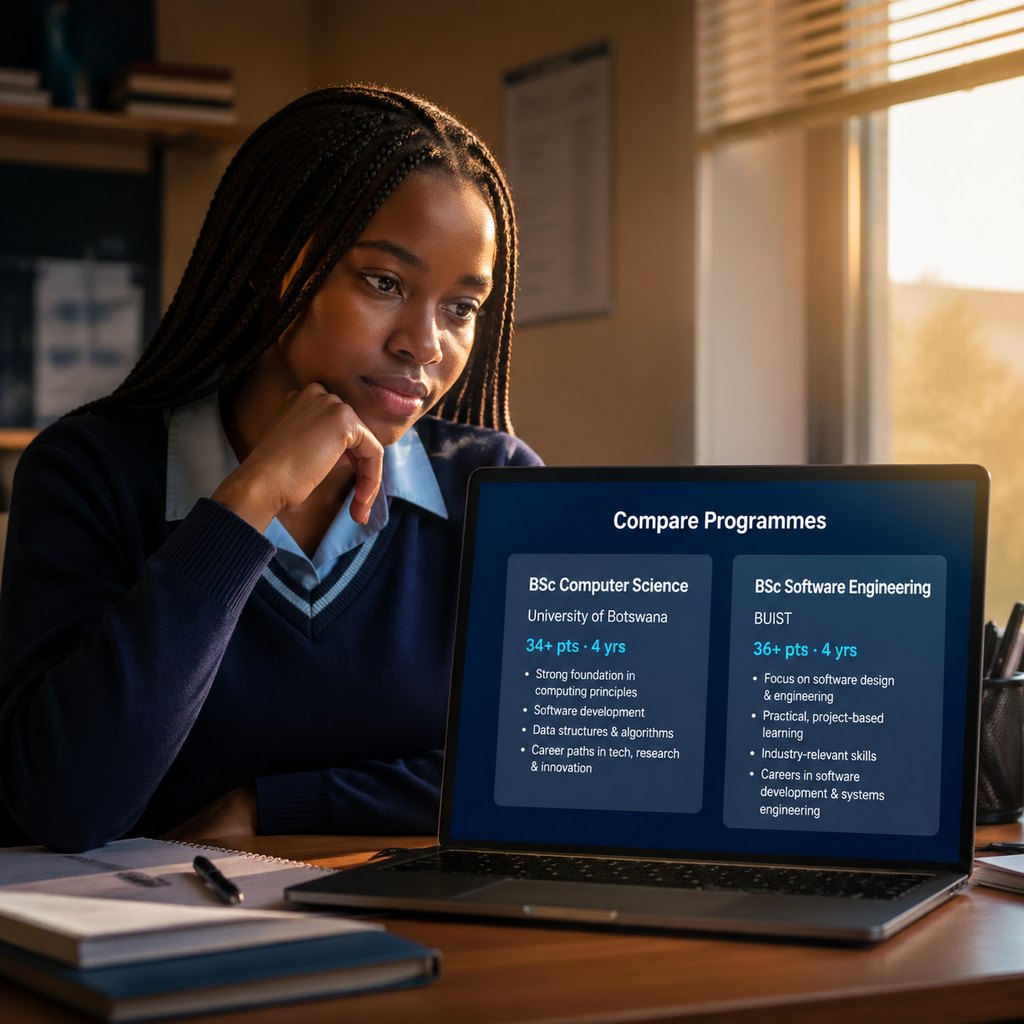 Senior secondary student comparing two university programmes side-by-side on her laptop
