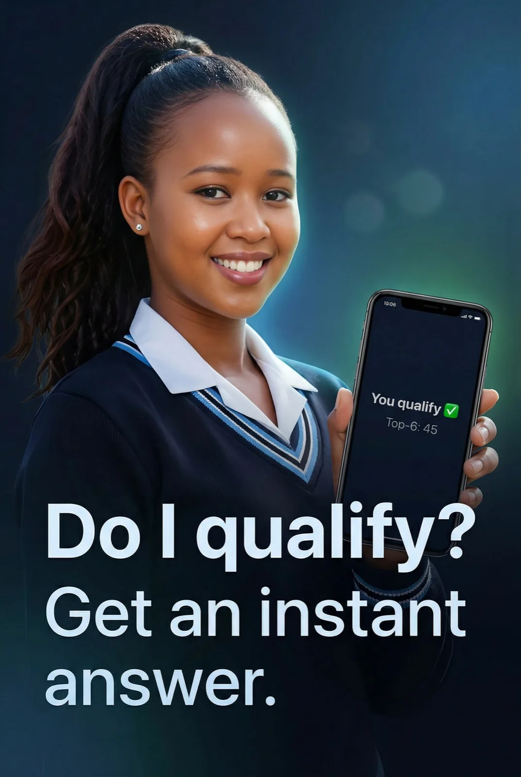 Botswana Form 5 student smiling, holding a phone showing 'You qualify · Top-6: 45'