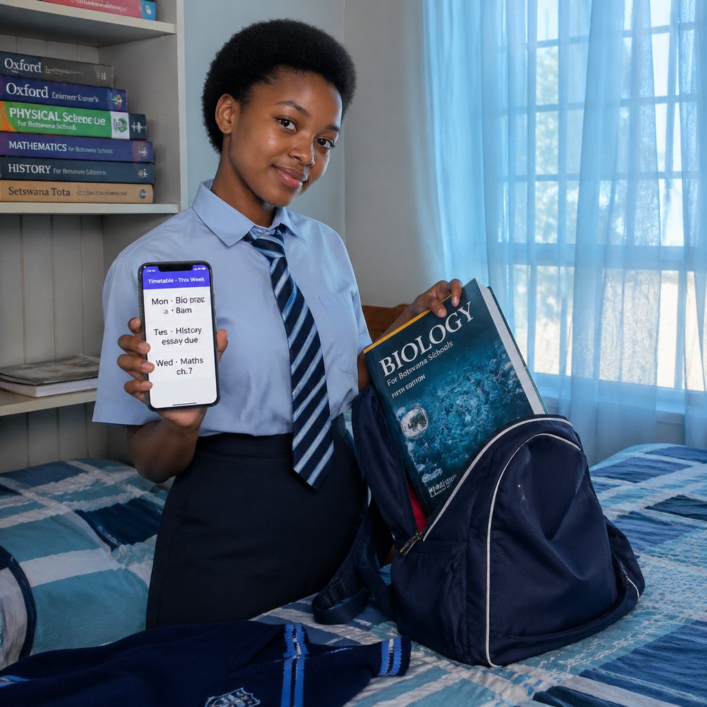Senior secondary student packing her bag while checking ACRON's weekly Timetable