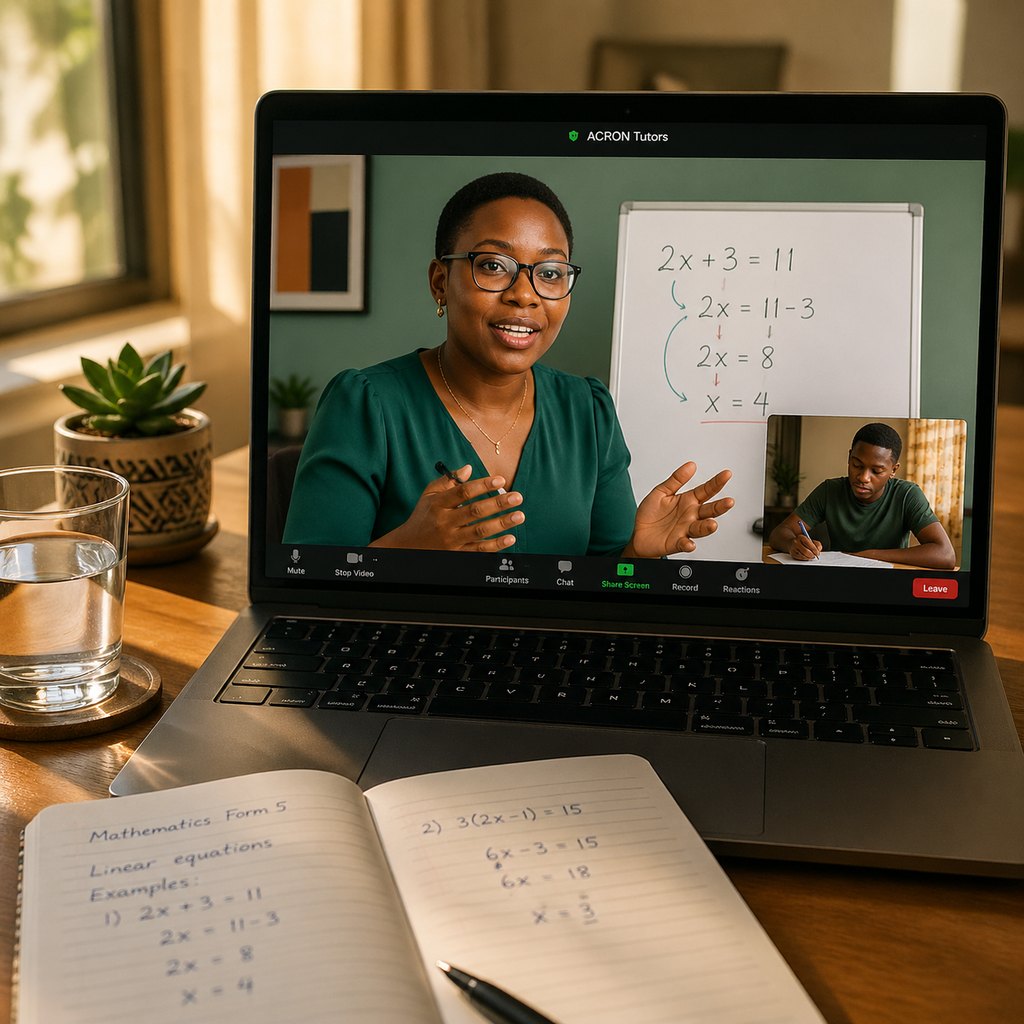 ACRON Tutors video session showing a tutor explaining a maths equation